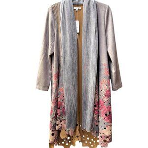 Adore Taupe Knitwear‎ Swing Coat. Trench Jacket With Floral Embroidery & Scarf